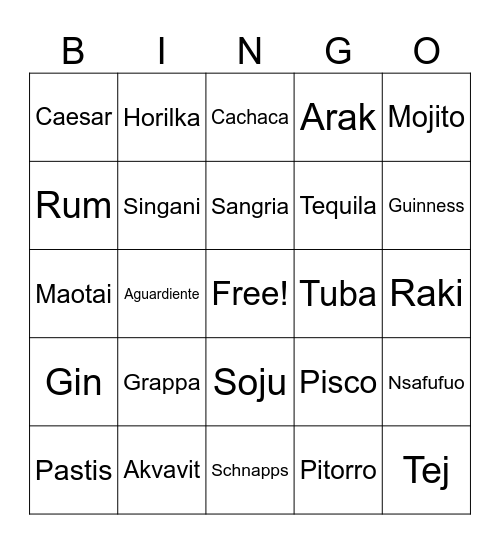 Drinks Bingo Card