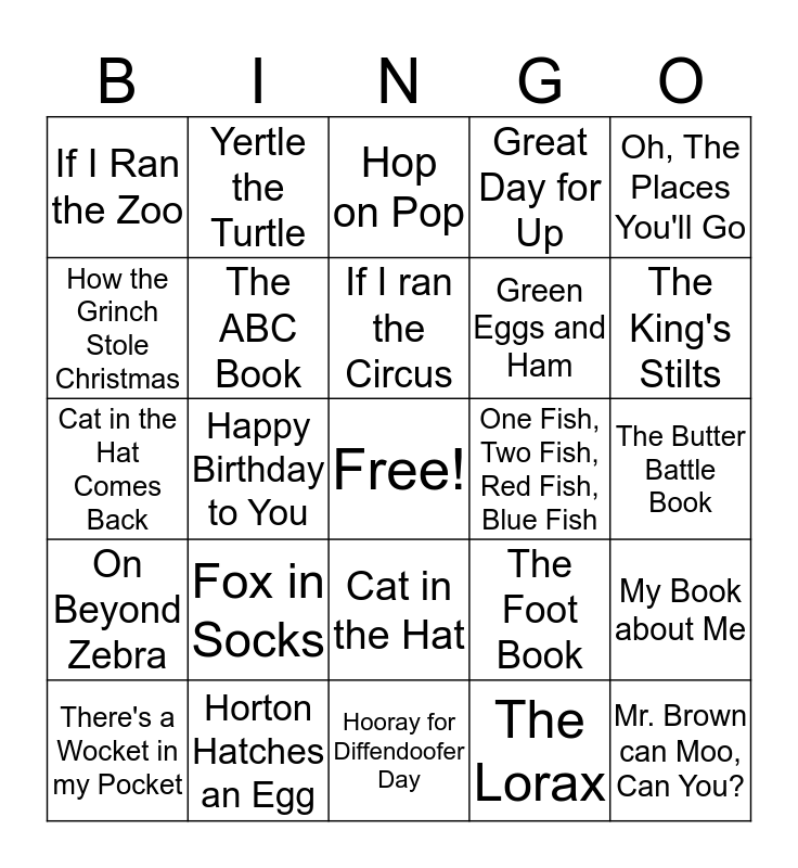 Dr Seuss Book Bingo Card