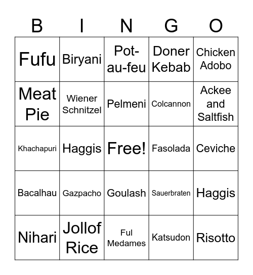 Dishes Bingo Card