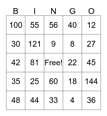 Multiplication Tables Bingo Card
