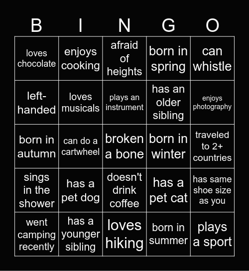 Get to Know You Bingo Card