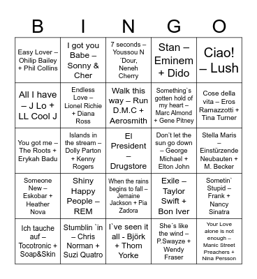 Duette Bingo Card