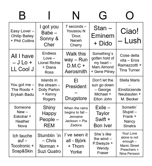 Duette Bingo Card