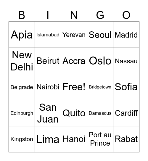 Capitals Bingo Card