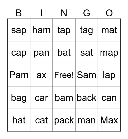 1st grade Short a Bingo Card