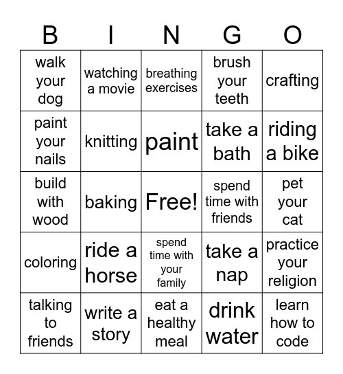 Healthy activities Bingo Card