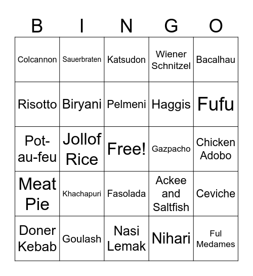 Dishes Bingo Card