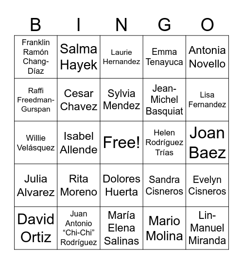 Hispanic Heritage Month Bingo Card