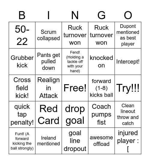 Rugby Bingo! Bingo Card