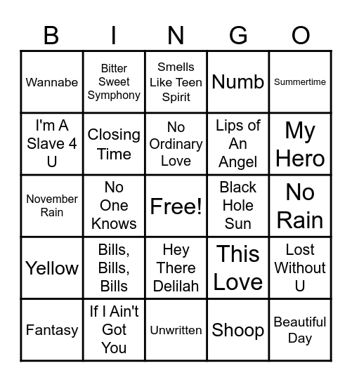 90's & 00's Bingo Card