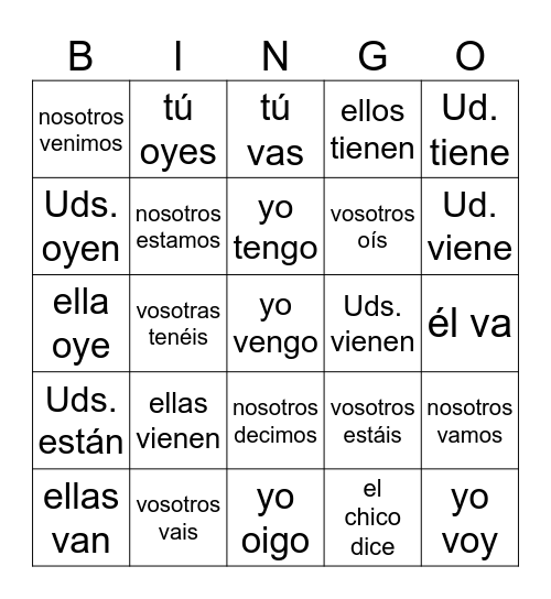 verbos irregulares Bingo Card