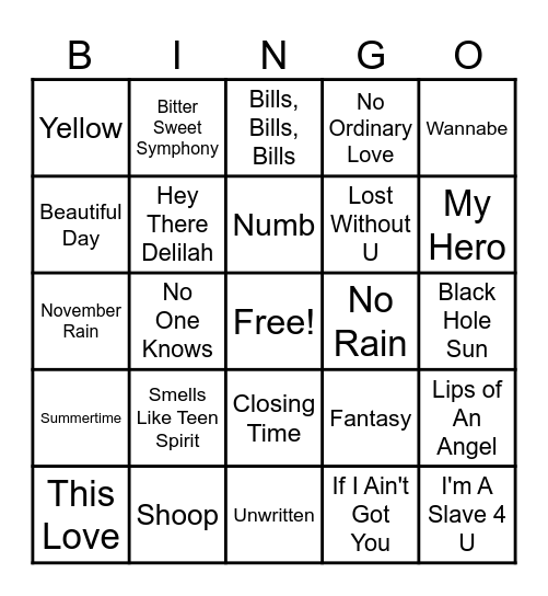 90's & 00's Bingo Card