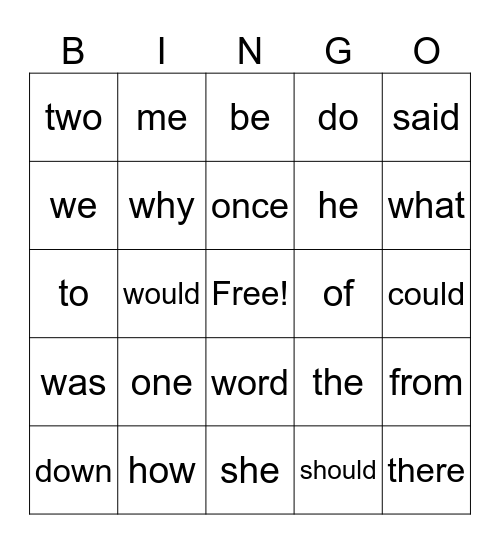 TRICKY WORDS Bingo Card
