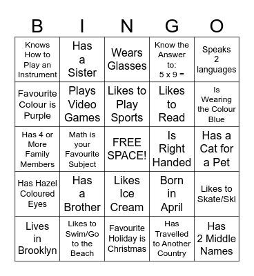 "Get to Know Me" Bingo Card