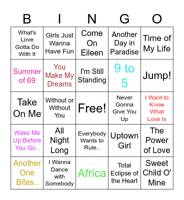80s Musical Bingo Card