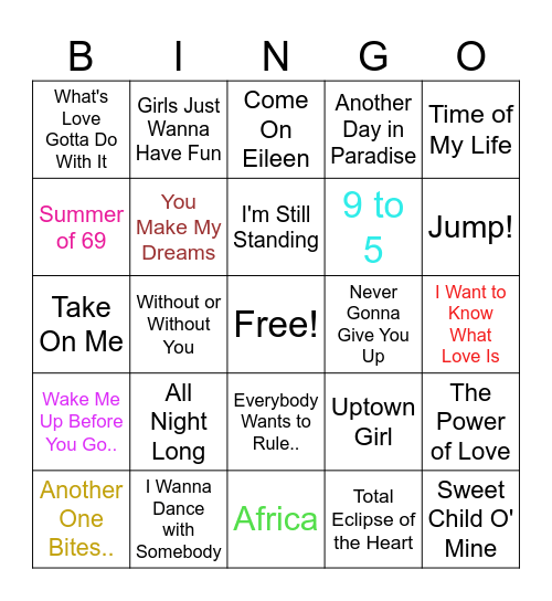 80s Musical Bingo Card