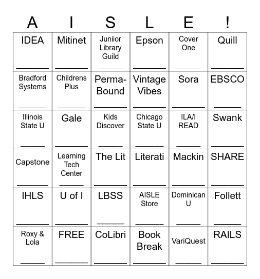 2023 AISLE Conference Vendors Bingo Card