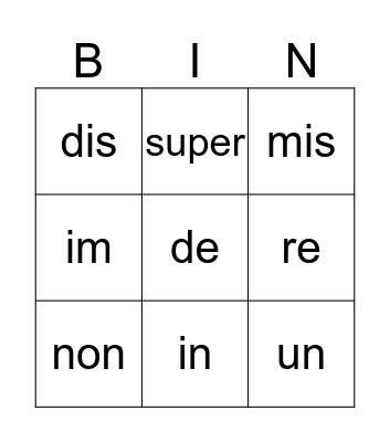 Prefix Bingo Card