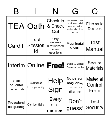 Test Security Training Bingo Card