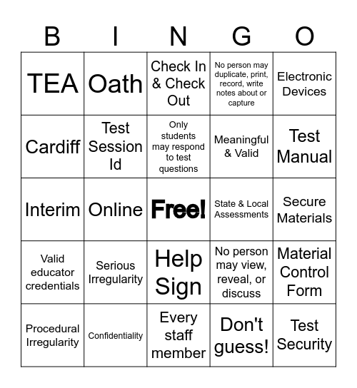 Test Security Training Bingo Card