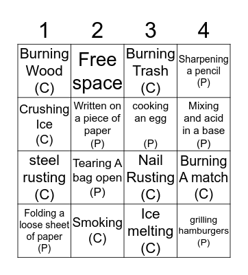 Chemical And Physical Changes Game Board 2 Bingo Card
