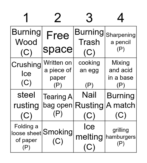 Chemical And Physical Changes Game Board 2 Bingo Card