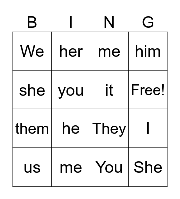 SUBJECT/OBJECT PRONOUN BINGO Card