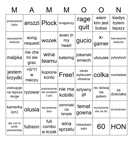 mamonskie bingo Card