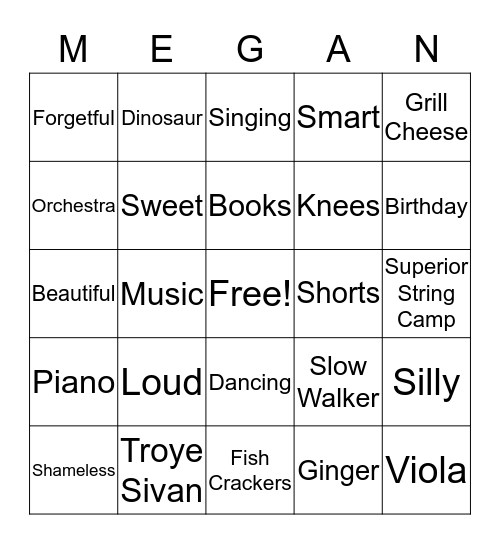 Megan's Birthday Bingo Card