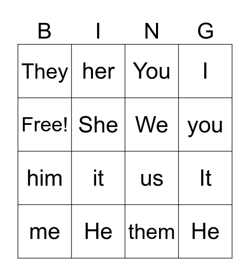 SUBJECT/OBJECT PRONOUNS Bingo Card