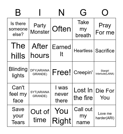 The weeknd Bingo! Bingo Card