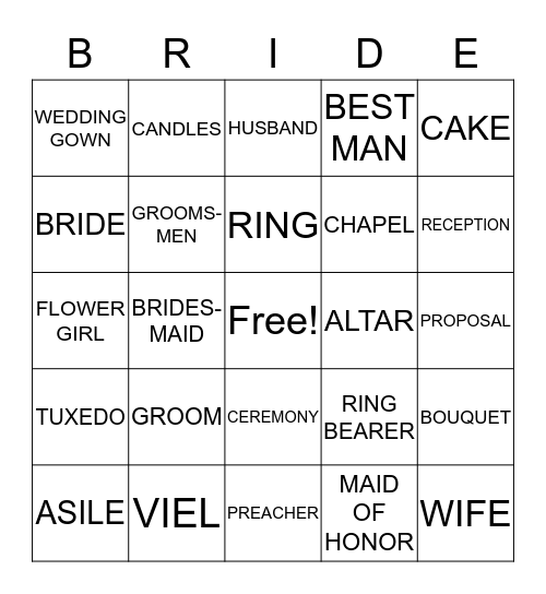 BRIDAL SHOWER BLINGO Bingo Card