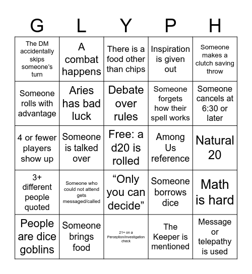 D&D Bingo September 15th Bingo Card