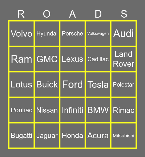 Car Brand Bingo Card