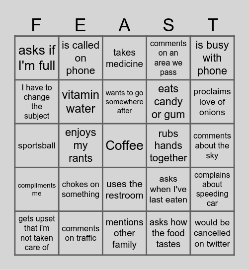 What will my dad do at mealtime? Bingo Card