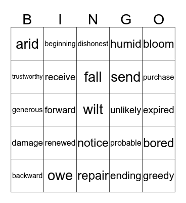 Antonyms 1b Bingo Card