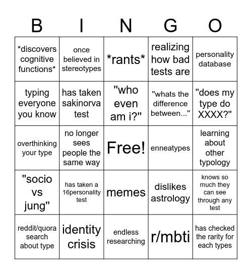 MBTI Bingo Card