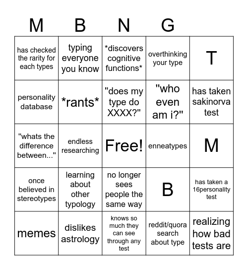 MBTI Bingo Card