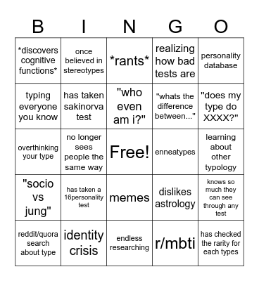 MBTI Bingo Card