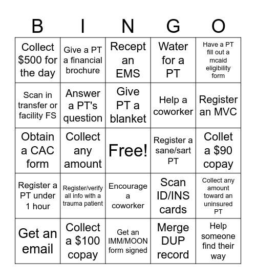 ER REGISTRATION BINGO Card