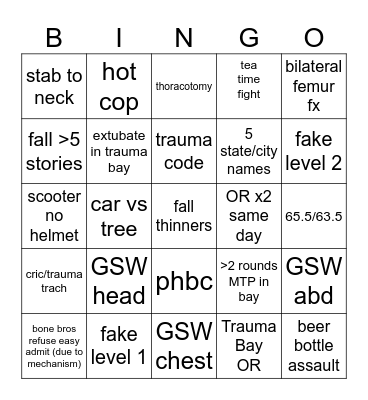 September Trauma Bingo Card