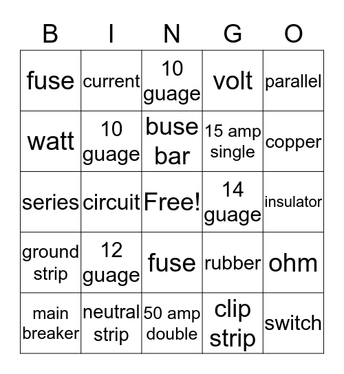 Electricty terms and info Bingo Card