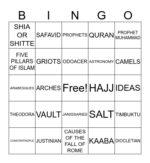 Roman, Islam, African Bingo Card
