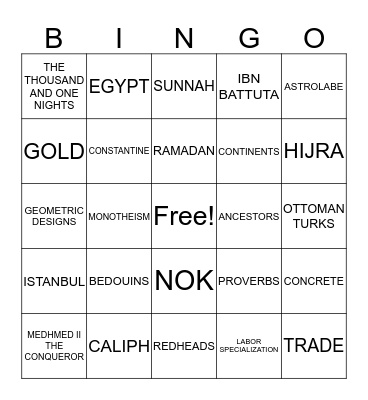 Roman, Islam, African Bingo Card