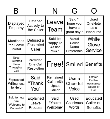 Customer Service Bingo Card