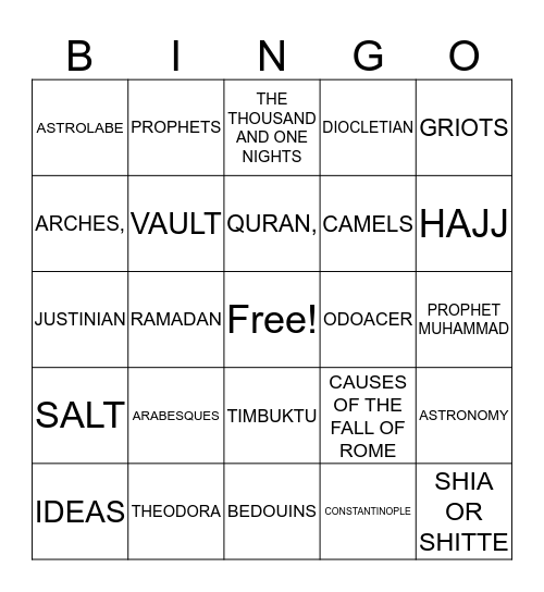 Roman, Islam, African Bingo Card