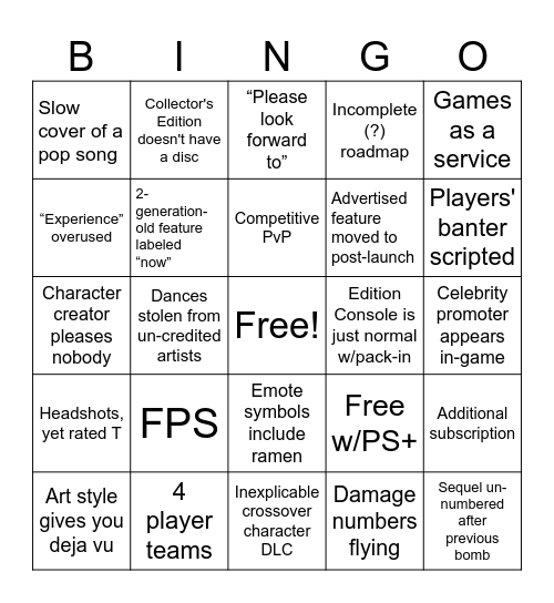 Game Announcement Bingo Card