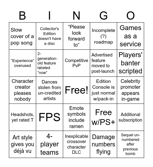 Game Announcement Bingo Card