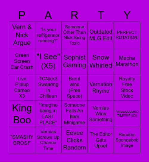 Party Crashers Bingo Card