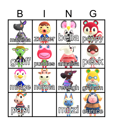 Animal Crossing Villager Hunt Bingo Card